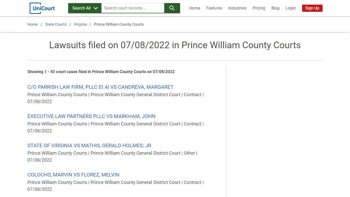 Lawsuits filed on 07/08/2022 in Prince William County Courts